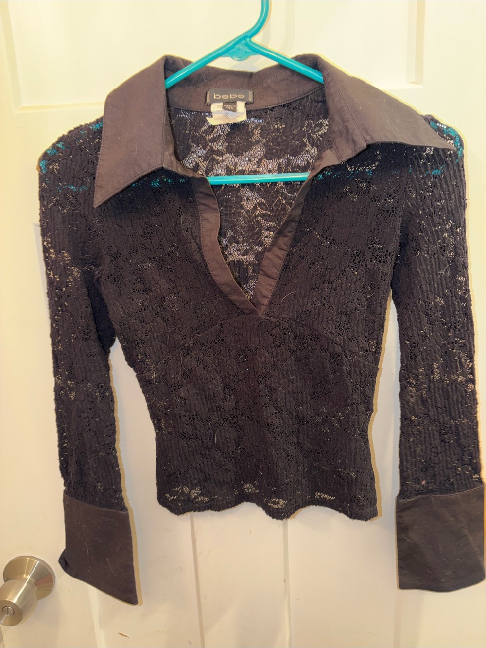 bebe Black Lace Collared Long Sleeve Top with Button Cuffs